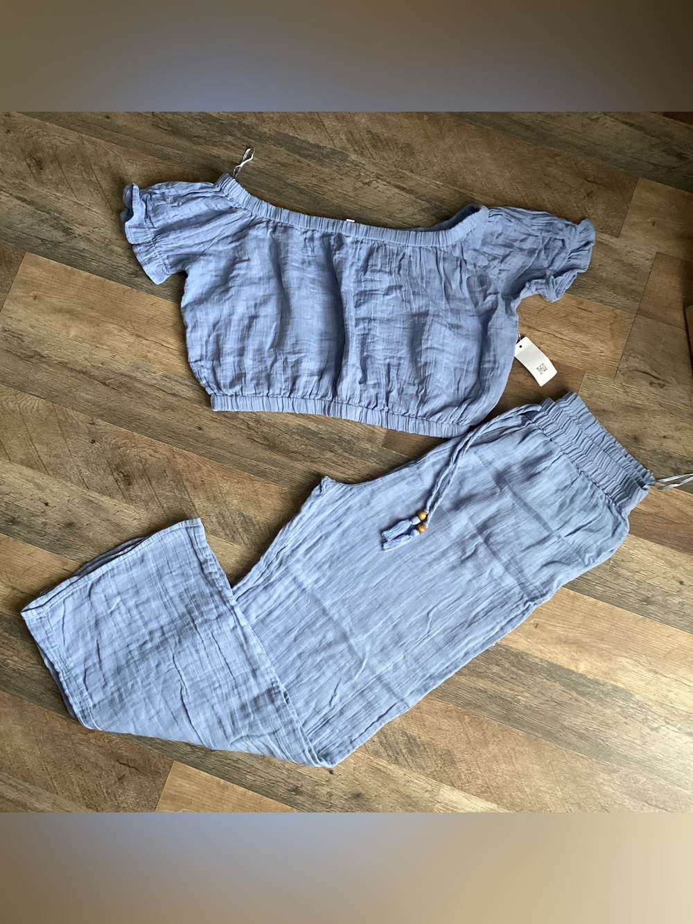 Turks & Caicos Light Blue Off-Shoulder Linen-Blend Pants Set